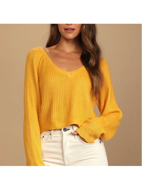 Lulus Sweaters - Lulus Fall is Calling Mustard Yellow Knit V-Neck Cropped Sweater women's small